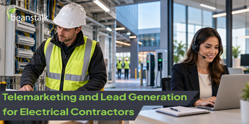 Electrical contractor reviewing commercial electrical plans alongside a telemarketer using a headset, with the Beanstalk logo and article title